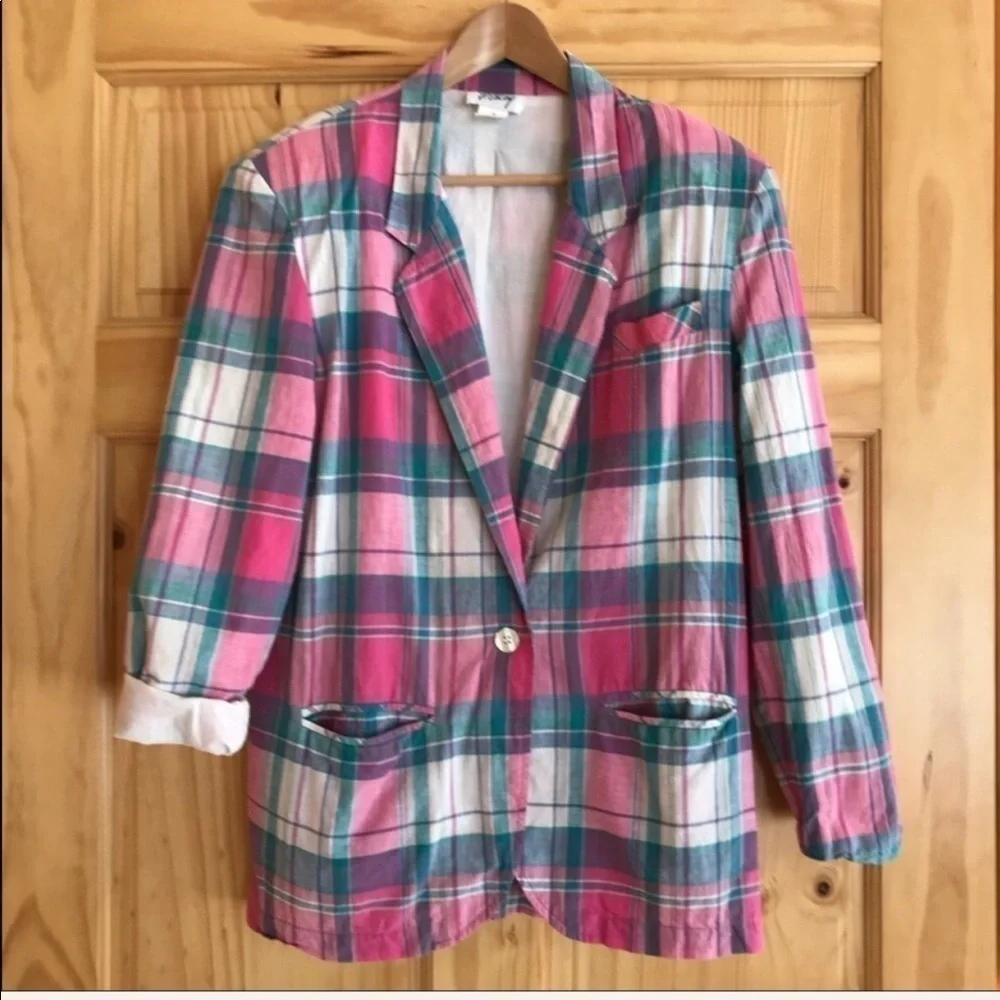 Vintage F Shay pink green plaid boyfriend blazer plus size 14